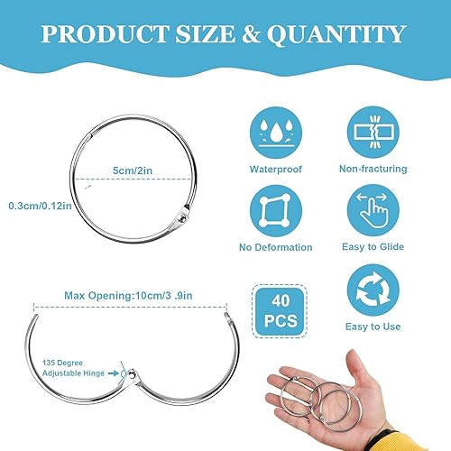 Lot de 40 Anneaux de Rideaux à Ouvrir, 50mm Cercle Metal Anneaux en Métal, Anneau Rideau Douche, Clips Métalliques pour Tringles à Rideaux et Rideau Rail - Nail Gallerys