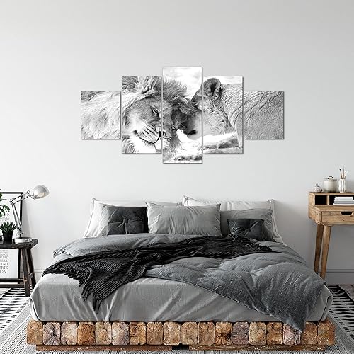 Runa Art - Tableau Les Lions Amour 200 x 100 cm 5 Parties XXL Decoration Murale Dessin Noir Et Blanc 002151c - Nail Gallerys