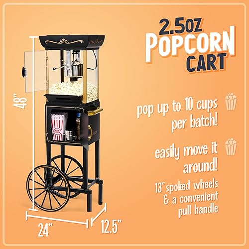 Nostalgia Machine à popcorn – Chariot professionnel avec bouilloire de 70,9 g pour jusqu'à 10 tasses – Machine à popcorn vintage style cinéma – Rouge - Nail Gallerys
