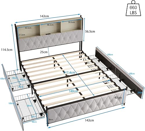 LONELYO Lit Coffre 160x200 cm avec Sommier Intégré LED USB, Tête de Lit Capitonnée, 4 Tiroirs Métalliques et Cadre en Bois Robuste, Design Moderne Beige - Nail Gallerys