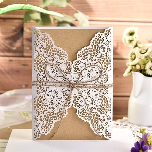 FifijuanC Lot de 50 cartes d'invitation découpées au laser avec inserts en carte Kraft marron pour mariage, fête prénatale, fête d'anniversaire 12.5cm x 18cm blanc - Nail Gallerys