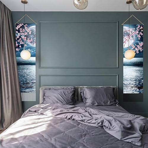 AHANDMAKER Lot de 2 tapisseries murales verticales à suspendre au motif d'anime japonais, océan, lune, cerisier, fleur de cerisier, tapisserie murale pour salon, art mural, entrée (115,7 x 33 cm) - Nail Gallerys