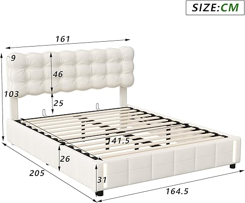 Générique Lit Coffre 160x200 avec LED & Système Hydraulique – Velours Beige Clair Capitonné, Rangement Spacieux & Sommier à Lattes, sans Matelas - Nail Gallerys