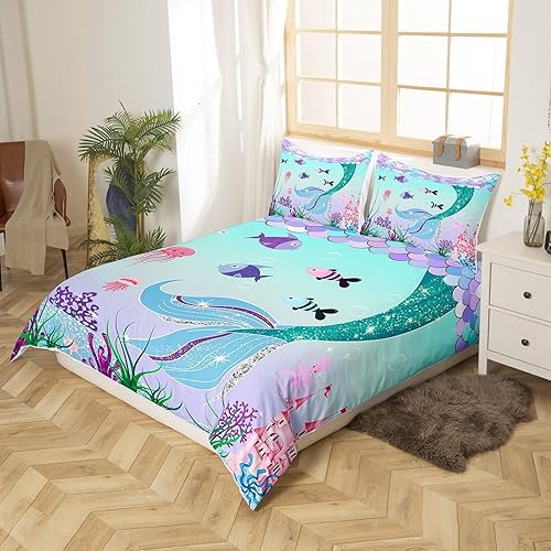 LEOPED Housse de Couette 220x240 cm Adulte Sirène Parure de Lit 2 Personne pour Filles avec Fermeture Éclair et 2 Taies d'oreill, 100% Microfibre FR1120 - Nail Gallerys