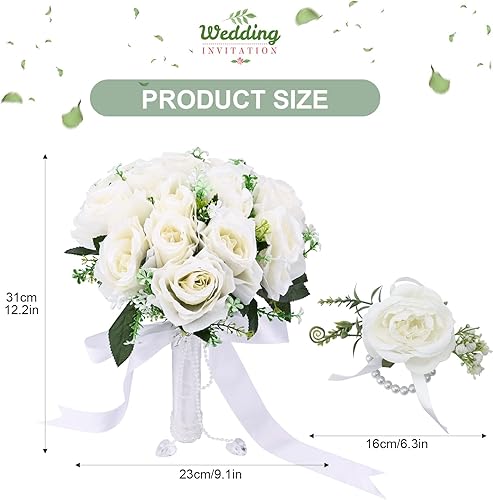 Gukasxi Bouquet de mariée et Poignet - Rose - pour Mariage - Style coréen - Blanc - Fausses Roses de mariée - Bouquet de Mariage - Fleurs artificielles avec Strass pour Mariage - Nail Gallerys