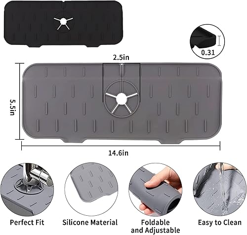 Zeuwets 2 Pièces Tapis de Robinet en Silicone, Plateau Anti-Gouttes pour Robinet, Poignées de Robinet en Silicone, Pare-éclaboussures pour évier de Cuisine, pour Cuisine, Salle de Bain(Gris, Noir) - Nail Gallerys