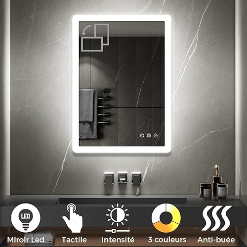 SANIVERRE BOLEO Miroir LED Lumineux 50 x 70 cm réversible (2100 LMS) Fonctions tactiles : intensité & Couleur réglables + antibuée - Miroir Salle de Bain - Nail Gallerys