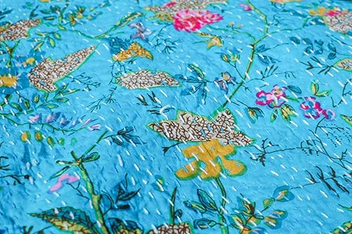 Kiara, Couvre-lit indien matelassé Kantha réversible imprimé floral, Coton, Noir Royal, Jumeau - Nail Gallerys