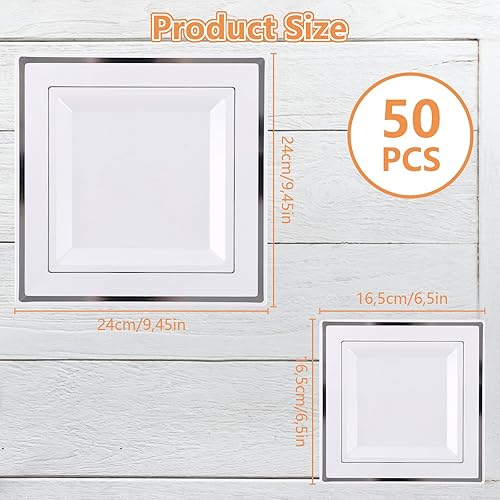 GBACHOOSE Lot de 50 assiettes carrées en plastique avec bord argenté (2 tailles, 16,5 x 16,5 cm/24 x 24 cm) Vaisselle de fête réutilisable Assiettes de service blanches pour viande, poisson, sushi, - Nail Gallerys
