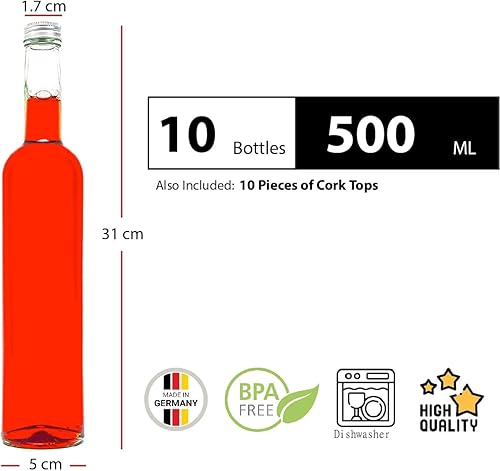 SLK GmbH Lot de 10 Bouteilles en Verre 500 ML (Bordo) vides à remplir soi-même de vin, jus de Fruits, Liqueur, Eau-de-Vie, vinaigre ou Huile Fermeture vissée31 cm 0,5 l slkfactory - Nail Gallerys