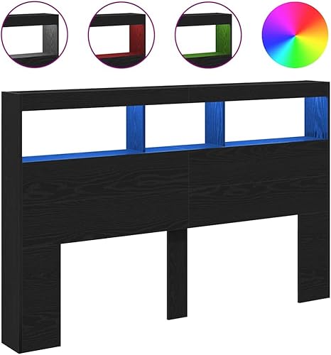 Gecheer Armoire Tête de Lit avec LED chêne Noir 160x17x102 cm, Murale Tête de Lit à Bibliothèque avec Compartiments de Rangement et Étagère pour Chambre à Coucher - Nail Gallerys