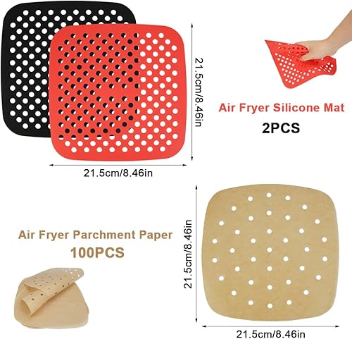 100 Pièces Papier Sulfurisé pour Air Fryer, Papier Air Fryer Air Fryer Papier Cuisson Papier Sulfurisé Perforé Fritteuse a Air Papier Friteuse a Air, 2 Pièces Tapis en Silicone pour Friteuse (21.5 cm) - Nail Gallerys