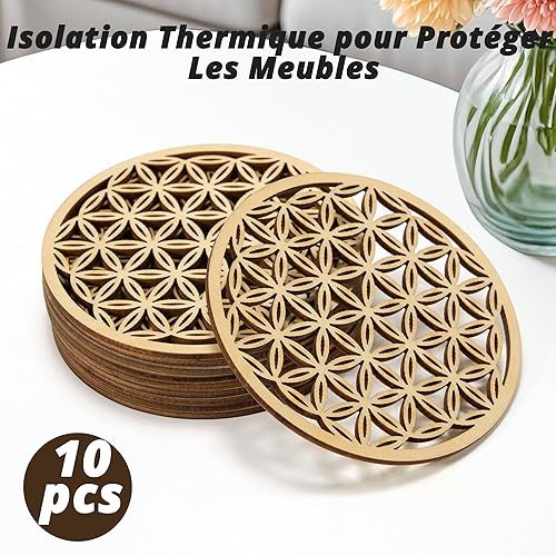 10 Dessous de Verre en Bois Arbre de Vie - Lot de 10 Pièces en Bois Massif - Diamètre 10 cm - Épaisseur 0,2 cm - Nail Gallerys