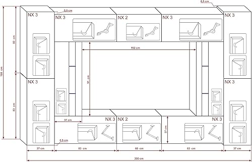 Furnitech Ensemble Meuble TV Mural Suspendu Salon – Meuble Salon Design Moderne avec colonnes- vitrines et rangements – Mobilier avec éclairage LED RVB - 16 Couleurs – (Julian AN67-19BW-HG1) - Nail Gallerys