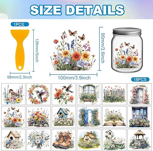 GLOBLELAND 18 Feuilles 3.9x3.6 pouces Rétro Fleurs Oiseaux Transfert à Frotter Jardin Coloré Vase Maison Décalcomanies Plantes Fleurs Tasse Autocollants de Transfert pour Meubles Vase Verre Artisanat - Nail Gallerys