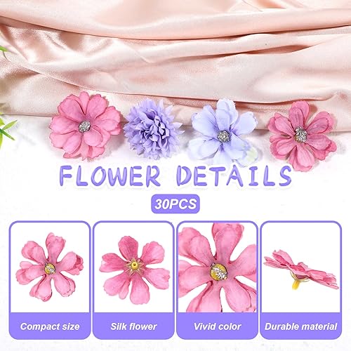 Lot de 30 têtes de fleurs artificielles violettes en soie mélangées, mini fleurs multicolores de rose, têtes de marguerites artificielles en soie en vrac, décoration de gâteau, fleurs violettes en - Nail Gallerys