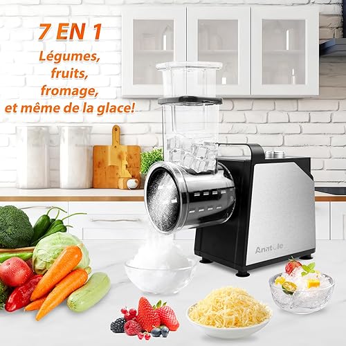 Anatole Coupe Légumes Électrique Broyeur à Glace 7 Lames Rape à Fromage Acier Inox 250W Rapeuse Carottes Professionnel Grand Calibre Trancheuse de Légumes Multifonctions 220V Fiche UE - Nail Gallerys