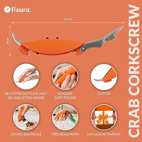 Fisura - Tire-bouchon original “crabe”. Tire-bouchon en acier inoxydable avec coupe-capsule intégré. Ouvre-bouteille de vin et décapsuleur amusant. Ouvre-bière cadeau. - Nail Gallerys