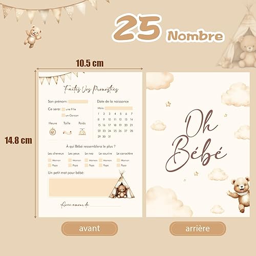 BETESSIN 25Pcs Cartes Pronostic Baby Shower en français Ourson Idée Jeux Révélation Fille ou Garçon pour Gender Reveal Fête Prénatale - Nail Gallerys