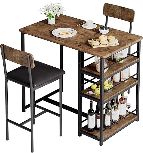 Petite Table De Cuisine pour 2 Personnes, Ensemble Table De Bar Et Chaises avec 3 éTagèRes, Table à Manger Haute avec Chaises RembourréEs en PolyuréThane pour La Maison Et l'Appartement (Or) - Nail Gallerys