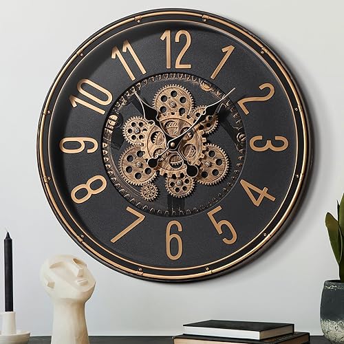 Mee 2ou Grande Horloge Murale avec Engrenages Mobiles, Horloge Murale Rétro de 40cm pour Décoration de Salon, Horloge Murale Décorative Industrielle Steampunk en Bronze Vintage Or pour Maison de Ferme - Nail Gallerys