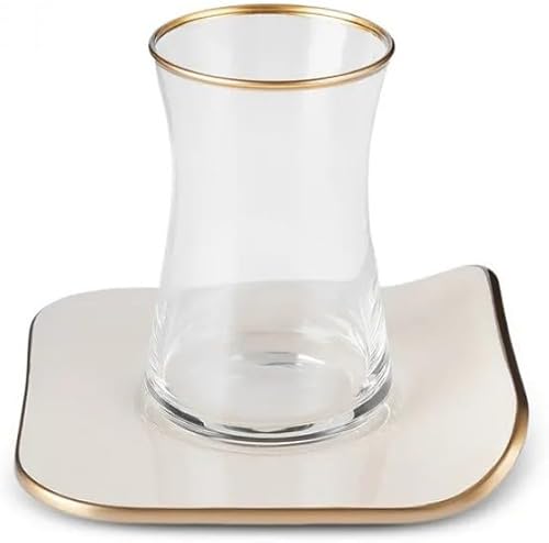 KARACA Service à thé turc rétro 12 pièces pour 6 personnes, 165 ml, 6 verres à thé turc avec soucoupes, 12 pièces, thé turc, verre, assiettes à thé, crème - Nail Gallerys