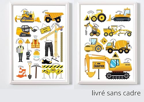 Générique Posters Affiches de Véhicules de Chantier pour Enfants x2,engins de constructions, pelleteuse, grue,camion benne,Illustrations Détaillées, en Français - Nail Gallerys