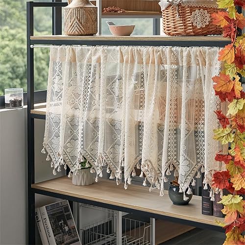 Rideau brise-bise transparent avec broderie style maison de campagne bohème, court, broderie creuse, pour salle à manger, salle de bain, petite fenêtre, 1 pièce, l x H 130 x 60 cm, beige - Nail Gallerys