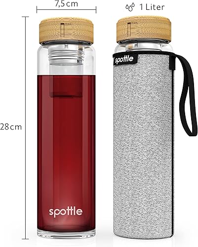 spottle Bouteille à Thé en Verre avec Infuseur en Acier Inoxydable - Verre Borosilicate Double Paroi, Bouteille à Infusion à Froid avec Housse en Néoprène, Lavable au Lave-Vaisselle, 1L - Nail Gallerys