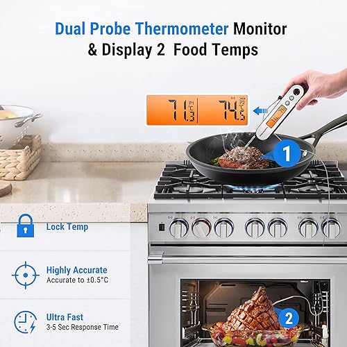 ThermoPro TP610 Thermometre Cuisine à Lecture Instantanée à Deux Sondes, Thermomètre Alimentaire pour Griller, Cuison, Four, Thermometre Patisserie Étanche avec Alarme et Ecran à Rotation Automatique - Nail Gallerys