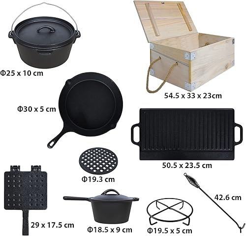 NAIZY Ensemble Dutch Oven 12 Pièces Avec Boîte En Bois Incluant Pot À Feu, Poêle, Moules À Pâtisserie, Casseroles, Plats D'entrée, Bases, Gaufrier, Gants, Tampons, Filets De Nettoyage - Nail Gallerys