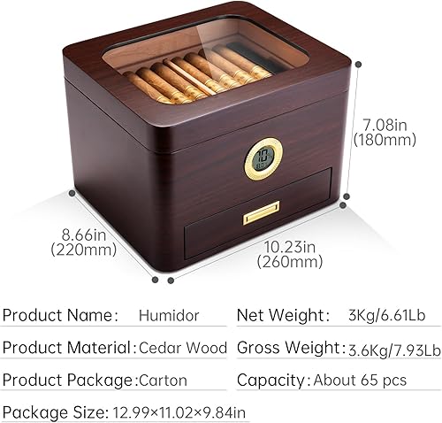 CIGARLOONG Cave à cigares avec Couche et humidificateur et hygromètre intégré et tiroir pour 65 cigares, Cave à cigares de Bureau avec Dessus en Verre pour Les Amateurs de cigares - Nail Gallerys
