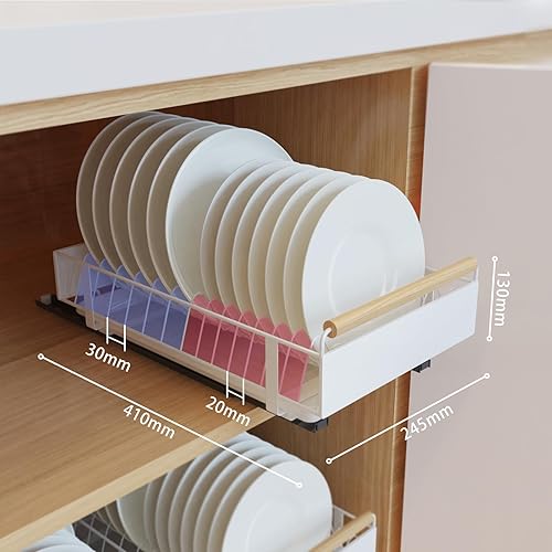 QHENS Égouttoir à Vaisselle Coulissante Blanc pour 13 Assiettes, Egouttoir Vaisselle Metal avec Bac d'Égouttement Amovible, Égouttoir à Assiettes Push-Pull pour Placard de Cuisine - Nail Gallerys