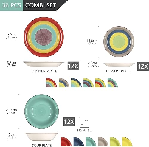 vancasso, Série ARCO, Service de Table en Céramique, Vaisselle Complet 36 Pièces pour 12 Personnes, Assiette Plate et Creuse, Style Multicoloré Tropical - Nail Gallerys