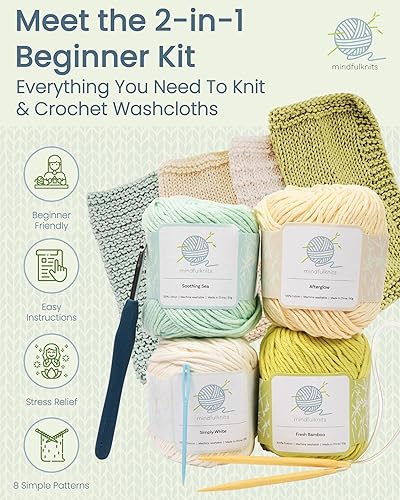 mindfulknits Kit de tricot pour débutant avec aiguilles à tricoter, aiguille à laine et fil à tricoter 100% coton (4) Ensemble de tricot de base Flora pour la relaxation et le soulagement du stress - Nail Gallerys
