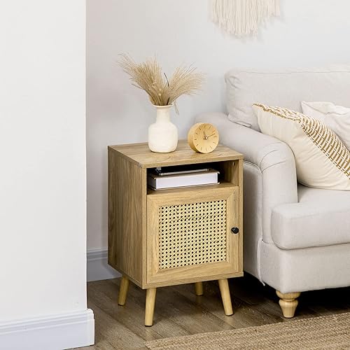 HOMCOM Lot de 2 Table de Chevet Table de Nuit avec Placard Porte cannage et Niche Design Vintage 39 x 35 x 60 cm Naturel - Nail Gallerys