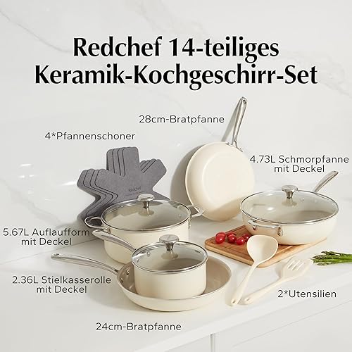 Redchef Lot de 14 poêles en céramique avec couvercle, revêtement anti-adhésif, avec poignée en acier inoxydable, sans PTFE, sans PFOA, passent au four, passent au lave-vaisselle - Nail Gallerys