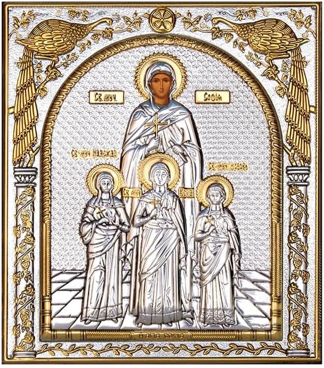 Icône de Sainte Sophie, faite à la main en argent 999, icône grecque orthodoxe de Sainte Sofia de Rome, art byzantin à suspendre sur une plaque religieuse en bois, cadeau 11 x 12 cm - Nail Gallerys