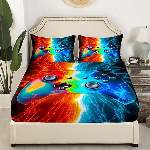 Loussiesd Ensemble de draps de lit pour garçons avec manettes de jeu éclair pour enfants, adolescents, épissure de jeu vidéo, manette de jeu, 2 pièces, rouge et bleu, taille unique - Nail Gallerys