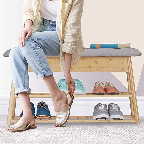 relaxdays Schuhbank mit Sitzfläche und Stauraum Banc Chaussures 8 Paires, 2 étages, siège rembourré Pliable, Espace à 2 Compartiments, Bambou, HlP 48x90x28 cm, Polyester, 1 élément - Nail Gallerys