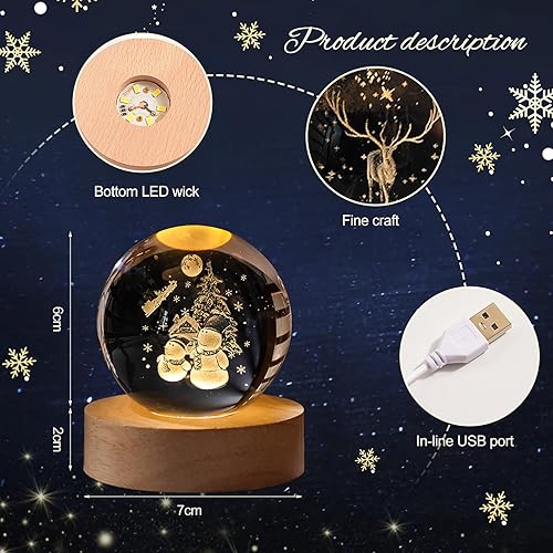Décoration de Noël - Veilleuse en cristal - Gravure laser 3D - Boule en verre de 6 cm - Avec socle en bois - Chargement USB - Lampe de nuit pour décoration de pièce - Beau cadeau (C) - Nail Gallerys
