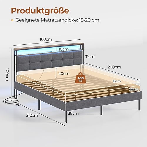 AOGLLATI Lit 2 Personnes avec Multiprise et LED Réglable,Cadre de Lit 160x200 avec Sommier Métal,Capitonnée en Lin Gris, sans Matelas - Nail Gallerys