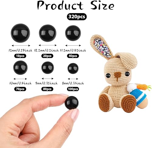 Lot de 320 boutons noirs pour yeux de bricolage, 8/9/10/11,5/12,5/15 mm en plastique noir Solid Safety Eyes, yeux de sécurité pour animaux au crochet pour bricolage ours, peluches, crochet, - Nail Gallerys