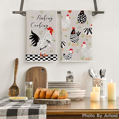 Artoid Mode Lot de 2 torchons de cuisine avec motif de poules, grille géométrique, feuilles, pâtisserie, printemps, 42 x 65 cm - Nail Gallerys