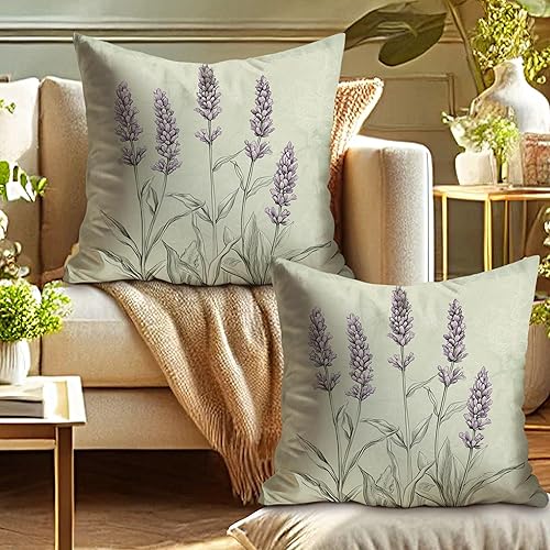 Lot de 2 housses de coussin décoratives carrées douces à motif floral violet lavande pour décoration printanière de style rustique pour maison, canapé, lit, canapé, 50,8 x 50,8 cm - Nail Gallerys