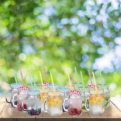 Relaxdays Jarres avec Paille et Couvercle, en Lot de 16, Volume : 500 ML, Design rétro, Verre avec Anse, Multicolore - Nail Gallerys