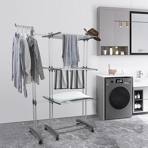 Etendoir Linge,Longueur extensible, Séchoir Mobile à 3 Niveaux, sechoir a linge pliable, pour Intérieur et Extérieur, Grande Capacité, Taille 142.5*64*170cm, avec roulettes (Noir Et Blanc) - Nail Gallerys