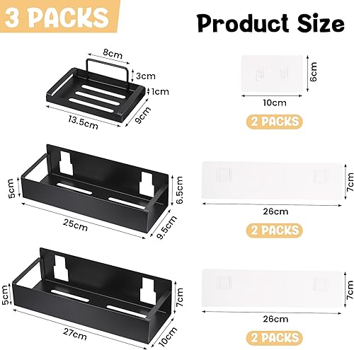 JIZZU 3PCS Etagere Salle de Bain avec Porte-Savon, Etagere Douche sans Percage Antirouille, Etagere Salle de Bain Sans Percage pour Cuisine/Salle de Bain - de Grande Capacité (Noir) - Nail Gallerys
