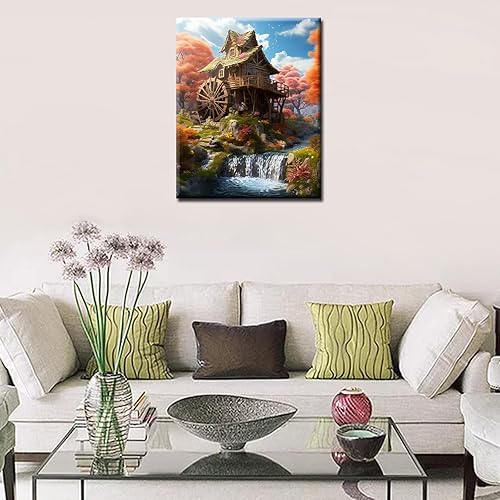 Peinture cascade par numéro pour adultes, kit de peinture à l'huile numérique sur toile avec pinceaux et pigments acryliques, forêt cabine, roue d'eau, paysage pour décoration d'intérieur, 40,6 x 50,8 - Nail Gallerys