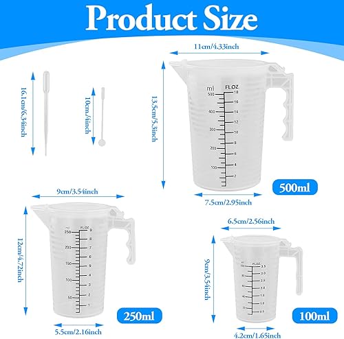 Lot de 3 gobelets doseurs en plastique transparent de 100 ml, 250 ml, 500 ml, avec couvercle, 3 pipettes de 3 ml, 3 agitateurs pour la cuisine, la pâtisserie - Nail Gallerys